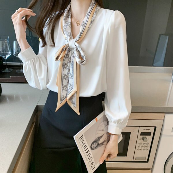 Professional Shirt Women''s Autumn Dress Long Sleeve Bow Ribbon Bubble Sleeve - Image 5