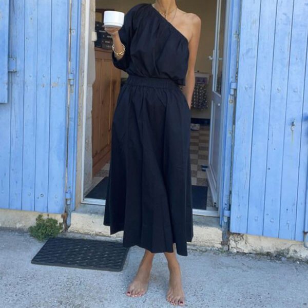 Oblique Shoulder Tops Mid-length Skirt Suit Two-piece Set - Image 2