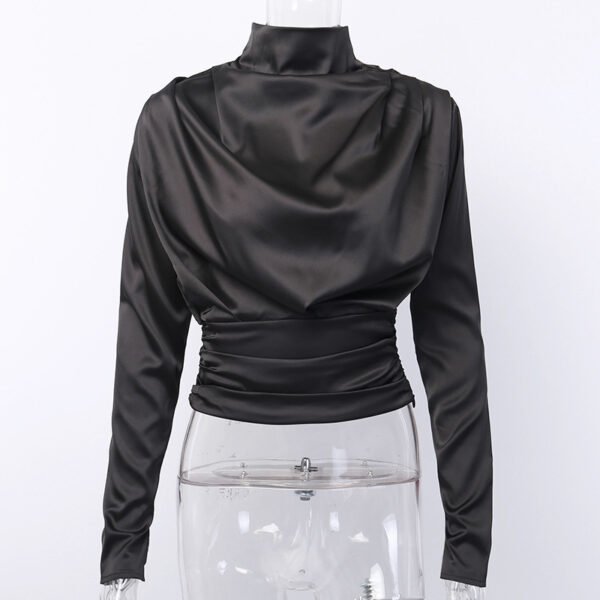 Turtleneck draped black office ladies shirt - Image 3