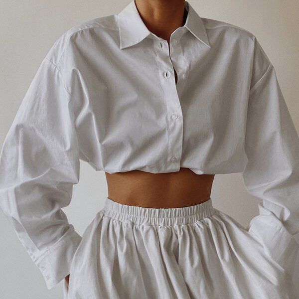 Women S White Lapel Long-Sleeved Shirt - Image 4