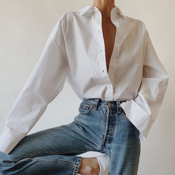Women S White Lapel Long-Sleeved Shirt - Image 5