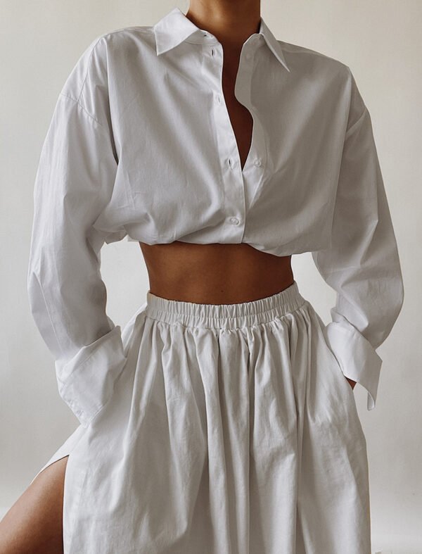 Women S White Lapel Long-Sleeved Shirt - Image 3