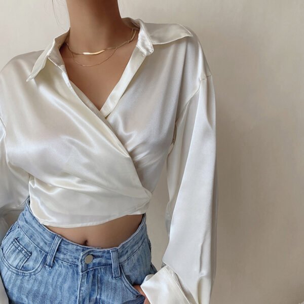 Liviahome Glossy Satin Bandage Shirt Women''s Summer Thin - Image 4