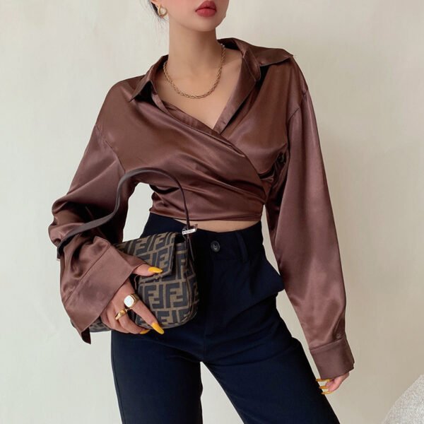 Liviahome Glossy Satin Bandage Shirt Women''s Summer Thin - Image 2