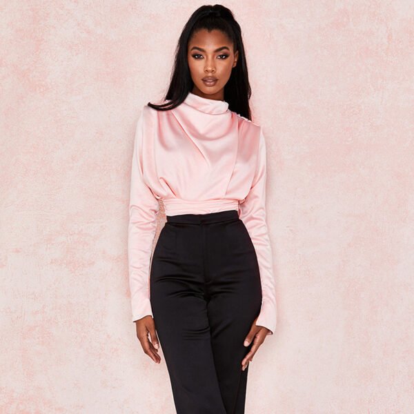 Turtleneck draped black office ladies shirt - Image 4