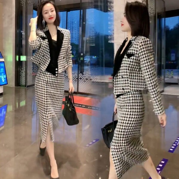 Women's Thousand Bird Plaid Suit Wrapped Hip Skirt Set - Image 2