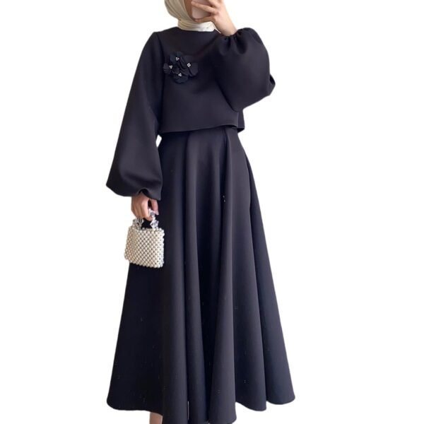 Flower Lantern Sleeve Loose Dress Women's Skirt Suit Two-piece Set - Image 5