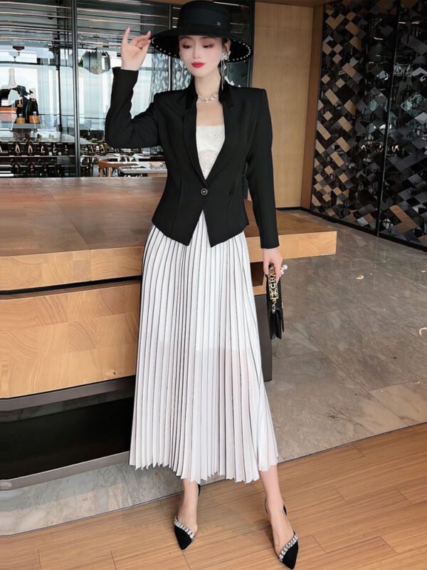 Black Small Suit Coat Two Piece Pleated Half Skirt Set Women - Image 6