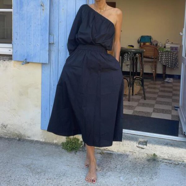 Oblique Shoulder Tops Mid-length Skirt Suit Two-piece Set - Image 3