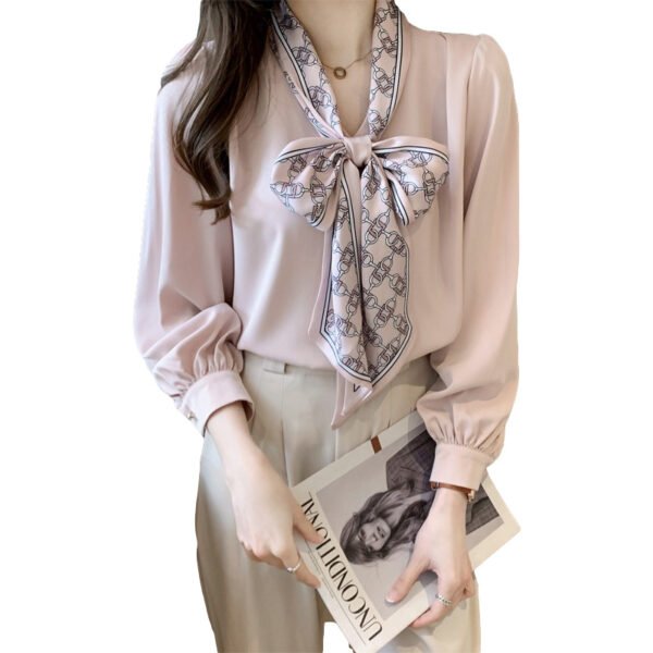 Professional Shirt Women''s Autumn Dress Long Sleeve Bow Ribbon Bubble Sleeve - Image 4