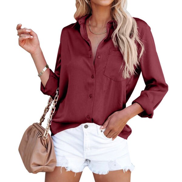 Satin Long Sleeve V Neck Office Business Shirt Women - Image 4
