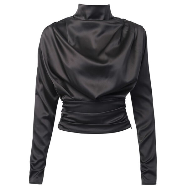 Turtleneck draped black office ladies shirt - Image 5