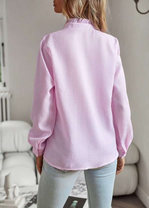 Striped Long Sleeve Shirt Fashion Ruffle Design Button Up Tops Casual Office Blouse Elegant Commuting Women's Clothing - Image 3