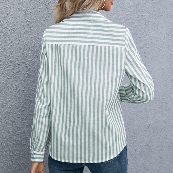 Women's Long Sleeve Striped Shirt Elegant Chic Button Shirt Fashion Wide Pocket Top Blue Office Shirt - Image 2