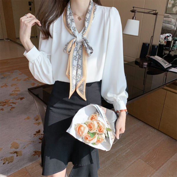 Professional Shirt Women''s Autumn Dress Long Sleeve Bow Ribbon Bubble Sleeve - Image 2