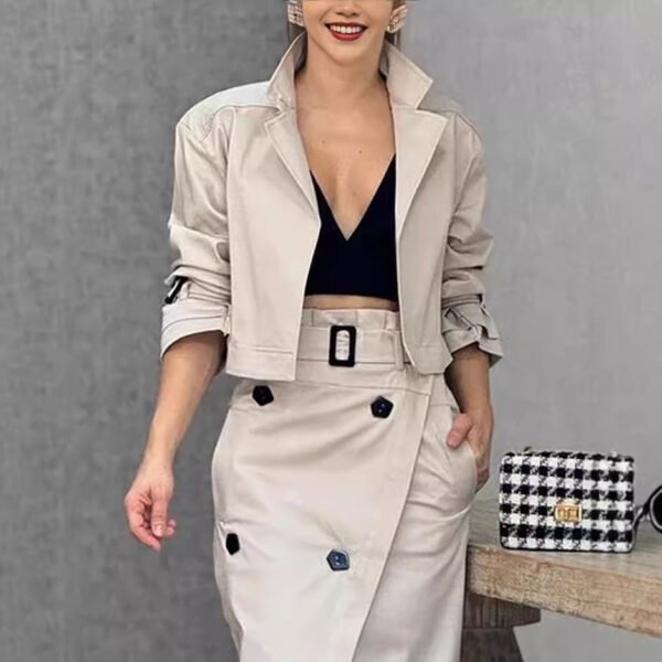 Women's Suit Lapel Patchwork Coat Skirt Two-piece Set Including Belt - Image 4