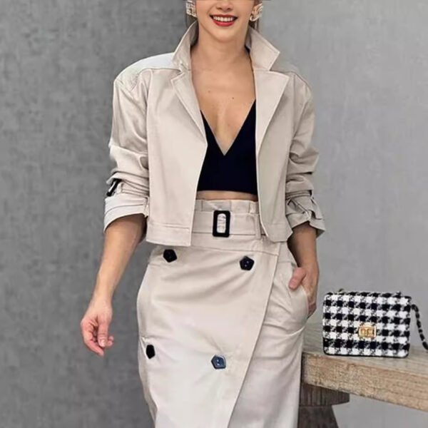 Women's Suit Lapel Patchwork Coat Skirt Two-piece Set Including Belt - Image 2