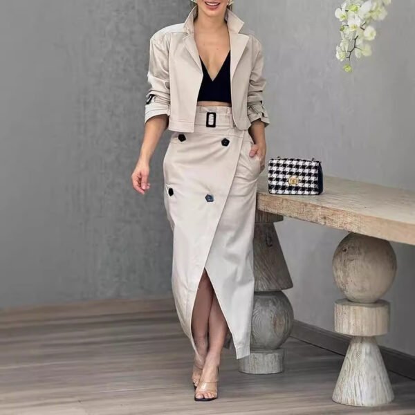 Women's Suit Lapel Patchwork Coat Skirt Two-piece Set Including Belt - Image 6