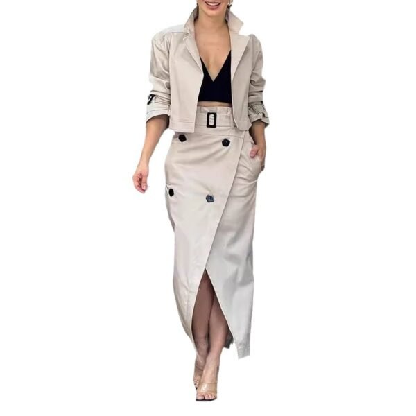 Women's Suit Lapel Patchwork Coat Skirt Two-piece Set Including Belt - Image 5