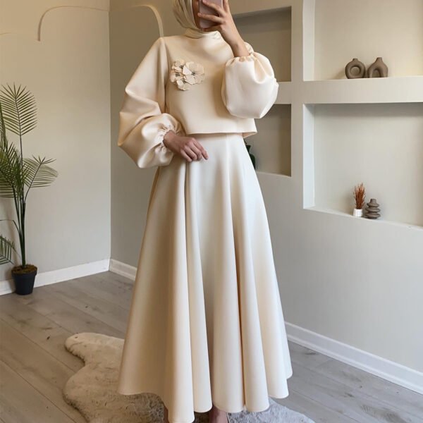 Flower Lantern Sleeve Loose Dress Women's Skirt Suit Two-piece Set - Image 3
