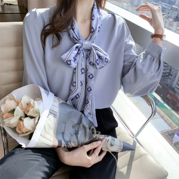 Professional Shirt Women''s Autumn Dress Long Sleeve Bow Ribbon Bubble Sleeve - Image 3