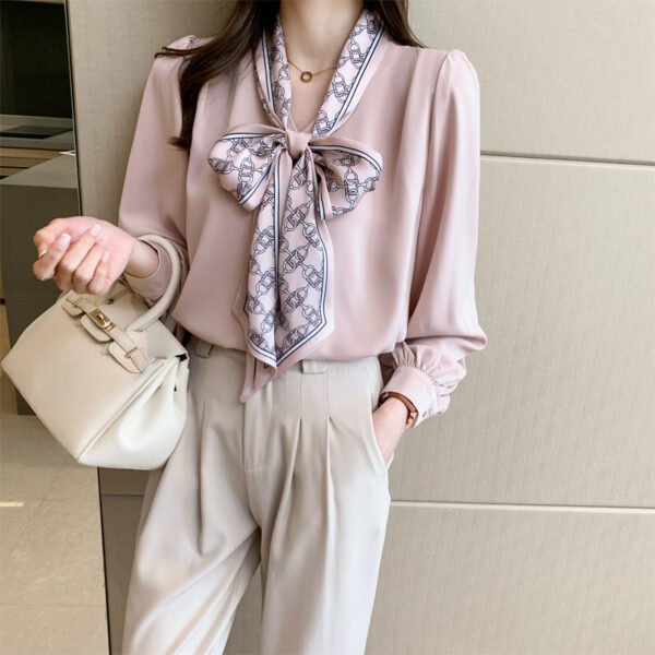 Professional Shirt Women''s Autumn Dress Long Sleeve Bow Ribbon Bubble Sleeve