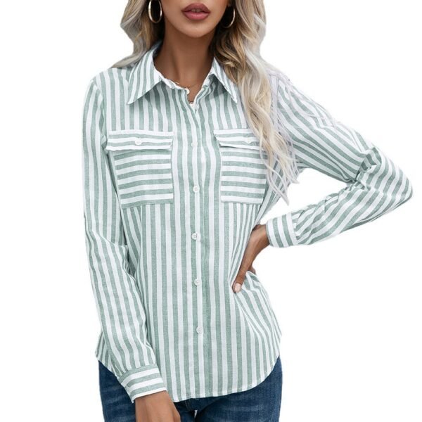 Women's Long Sleeve Striped Shirt Elegant Chic Button Shirt Fashion Wide Pocket Top Blue Office Shirt - Image 4