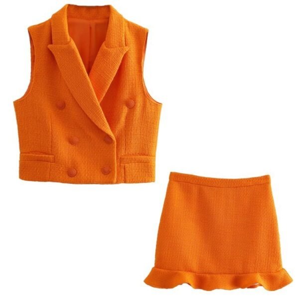 Women Cropped Textured Outer Tank Jacket And Skirt Set Za Fashionable Suit Collar Sleeveless Jacket - Image 2