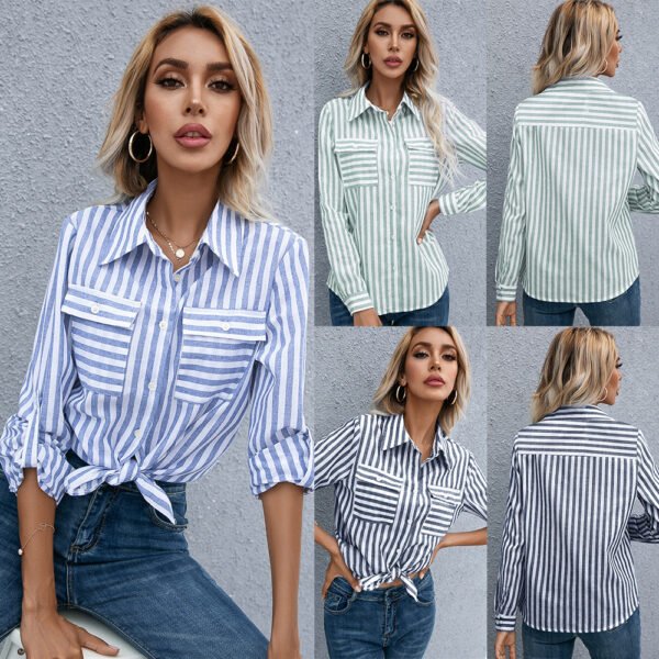 Women's Long Sleeve Striped Shirt Elegant Chic Button Shirt Fashion Wide Pocket Top Blue Office Shirt - Image 7