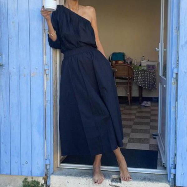 Oblique Shoulder Tops Mid-length Skirt Suit Two-piece Set - Image 4