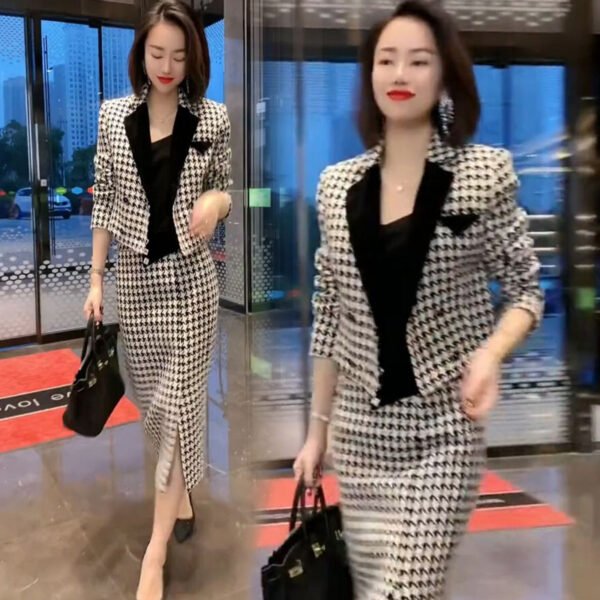 Women's Thousand Bird Plaid Suit Wrapped Hip Skirt Set - Image 3