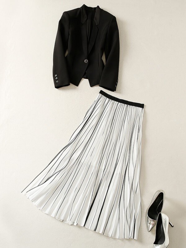 Black Small Suit Coat Two Piece Pleated Half Skirt Set Women - Image 7