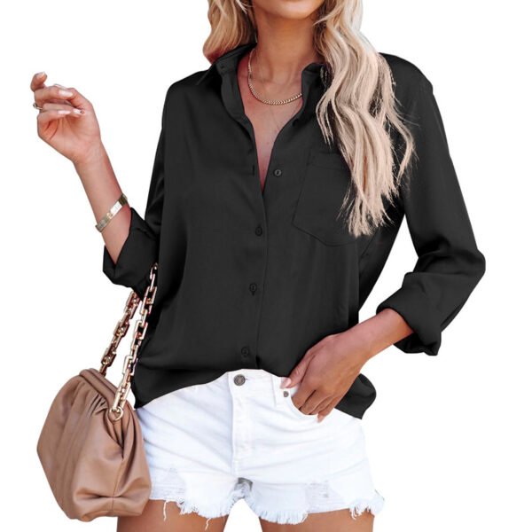 Satin Long Sleeve V Neck Office Business Shirt Women - Image 6